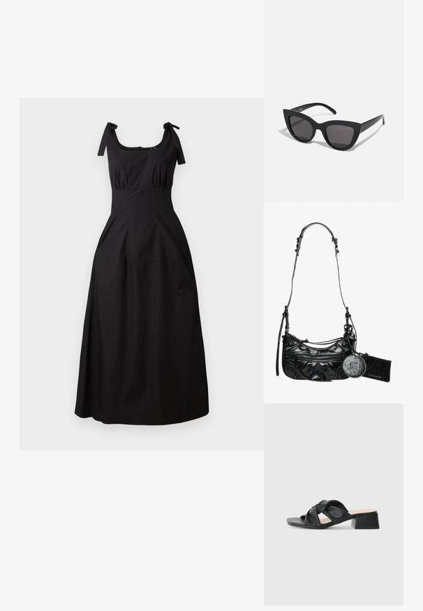 Črna maxi obleka iz gladkega bombaža, z kvadratnim izrezom, nabranim zgornjim delom in nastavljivimi vezalkami. Širjena silhueta z stranskimi žepi.; Črne usnjene sandale z zasukanjem zgornjega dela, kvadratnim prstom in nizkim blokastim peto, ki se ponašajo z gladko teksturo in minimalističnim slogom.; Črne mačke-oko sončna očala z mat zaključkom, ki imajo sive tonirane leče, ostre kote in eleganten stranski del. Ime blagovne znamke je vidno na notranjem ročaju.; Črna sintetična usnjena torbica z ukrivljeno obliko, z zadrgo spredaj, okrasnim strojčkom in snemljivo okroglo denarnico za kovance.