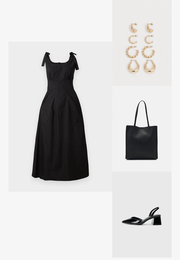 Čierna maxi šaty z hladkej bavlny, s hranatým výstrihom, zboreným živôtikom a nastaviteľnými viazacími ramienkami. Rozšírená silueta s bočnými vreckami.; Čierne lakované kožené sandálové podpätky s špicatou špičkou a geometrickým blokovým podpätkom. Disponujú elegantným, minimalistickým dizajnom a hladkým povrchom.; Čierna kožená taška na rameno s hladkým povrchom, obdĺžnikovým tvarom a dvoma dlhými uchami. Bez viditeľného kovania alebo ozdôb.; Sada piatich zlatých náušníc s rôznymi dizajnami: skrútené, ryhované a hladké povrchy v tvaroch kruhu a pologule.