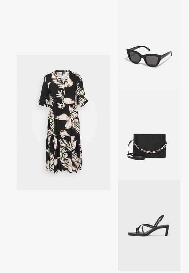 Rochie neagră cu mâneci scurte, cu nasturi pe față și fustă în straturi. Prezintă un model de frunze alb și vinovat pe un material cu textură moale.; Sandal cu barete negre, cu vârf pătrat și toc mic de bloc. Prezintă mai multe barete subțiri și o bareta ajustabilă la gleznă. Fabricat din piele netedă.; Ochelari de soare negri, forma cat-eye, cu un finisaj mat, având lentile gri și unghiuri ascuțite, precum și brațe laterale elegante. Numele brandului este vizibil pe brațul interior.; Geantă de umăr din piele neagră, cu o textură netedă, formă rectangulară și un detaliu din lanț metalic în față. Include curea reglabilă.