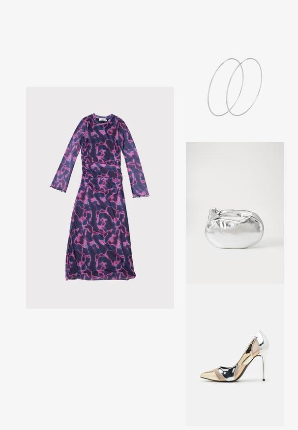 Pikendate kleit lilas ja roosa abstraktse mustriga, millel on kokku tõmmatavad küljed ja lainelised servad, valmistatud kergest ja venivast kangast.; Kitsas toe kõrge kontsaga kingad, millel on hõbedane, kuldne ja nude värvilahendus. Läikiv viimistlus lõikekujundusega, stiletto konts.; Hõbedane metallikoti kott pehme, ümar kuju ja sõlme ülemise sulgemisega. Valmistatud siledast kunstnahast materjalist.; Hõbedased rõngastikkaehingad minimalistlikus disainis. Ümar kuju, sile tekstuur ja õhuke profiil. Kerged ning poleeritud viimistlusega.