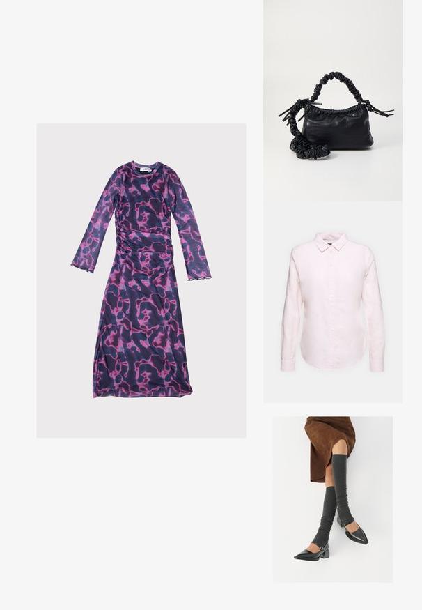 Ilga rankovė suknelė purpurinės ir rožinės abstrakčios tekstūros, su raukšlėtomis šoninėmis dalimis ir nelygiais kraštais, pagaminta iš lengvos, elastingos medžiagos.; Šviesiai rožinė ilgom rankovėm marškiniai su užsegamu apykakle, turintys tiesią apatinę kraštinę ir minkštą tekstūrą, pagaminti iš lengvo medvilnės audinio.; Juodi lakuoti odiniai batai su aštriu kuma ir bloko kulnu, derinami su pilkais riebiais kojų šildytuvais ir rudais zomšiniais sijonais.; Juodas dirbtinės odos rankinė su krokodilo tekstūra, sušnibždinta viršuje ir susikraipytu dirželiu. Atrodo minkšta ir kompaktiška.