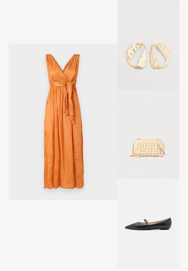 Maksimalistinės suknelės vivantiškai oranžinės krepo medžiagos, su giliu V formos iškirpimu, raukšlėtu liemeniu ir surištu juosmeniu, kuris suteikia apibrėžtą formą ir lengvą siluetą.; Juodos odinės baleto bateliai su smailiu pirštu ir šoniniu dirželiu, papuoštu apvaliu auksiniu akcentu. Lengvi su plokščiu padu.; Austintais bežinis rankinukas su struktūrizuotu dizainu, turintis lygią viršutinę dalį ir ilgas diržas. Tekstūruoti elementai pagerina bendrą išvaizdą.; Nedidelis nereguliarus ovalo formos aukso tono metalinių auskarų pora su tekstūruota, šiek tiek kalta paviršiumi ant balto fono.