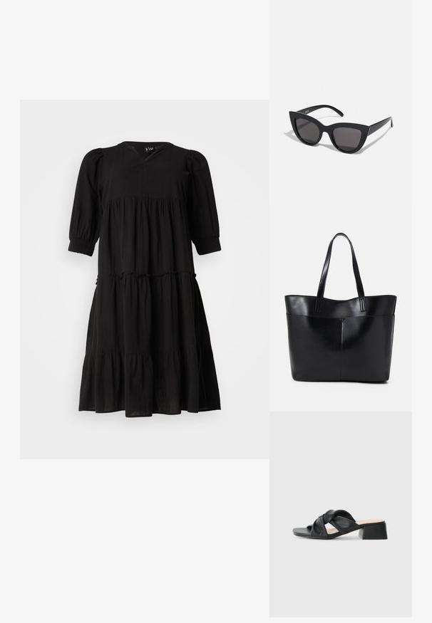 Juodas sluoksniuotas suknelė su V formos iškirpte, pūstomis rankovėmis ir elastingais manžetais. Pagaminta iš lengvos medžiagos, turinti laisvą siluetą ir subtilią tekstūrą.; Juodų odinių sandalų su sukryžiuotu viršumi dizainu, kvadratine nosimi ir žemu blokiniu kulnu, pasižyminčių lygiu paviršiumi ir minimalistiniu stiliumi.; Juodos katės akies akinių nuo saulės su matinio paviršiaus danga, turinčiais pilkai tonuotus lęšius, aštriomis linijomis ir elegantiškomis šoninėmis kojelėmis. Prekės ženklas matomas vidinėje kojelėje.; Juoda odinė rankinė su dviem ilgais diržais, lygiu paviršiumi ir struktūrizuota forma. Yra priekinė kišenė papildomam saugojimui.