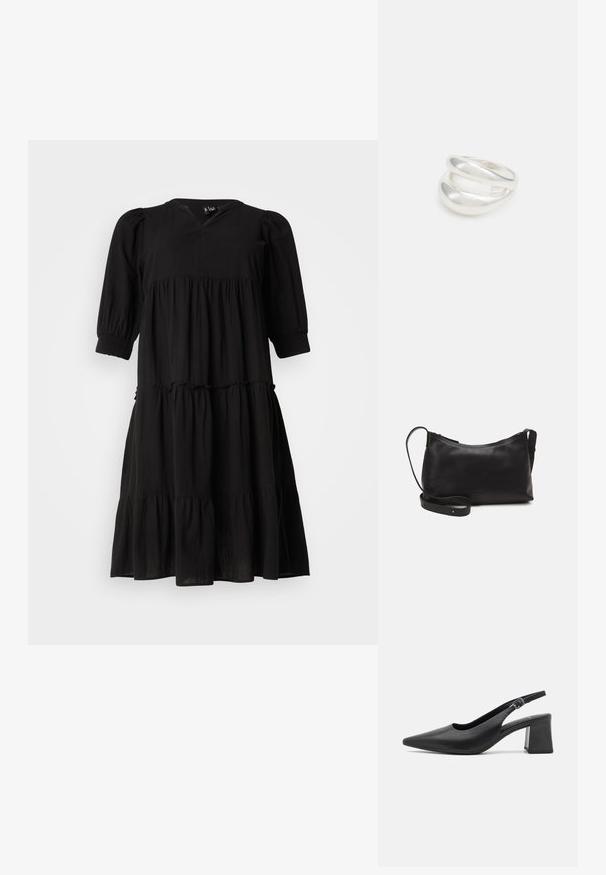 Abito nero a strati con scollatura a V, maniche a sbuffo e polsini elastici. Realizzato in un tessuto leggero, presenta una silhouette fluida e una texture delicata.; Scarpa con tacco slingback in pelle nera, con punta appuntita e tacco a blocco chunky. Presenta una tracolla regolabile con fibbia in metallo.; Borsa a spalla in pelle nera con una texture liscia, forma curva, tracolla regolabile e chiusura con zip. Design minimalista senza ornamenti.; Anello doppio in argento con superficie liscia e lucida. Presenta un design fluido e curvo con sezioni sovrapposte per un aspetto moderno.