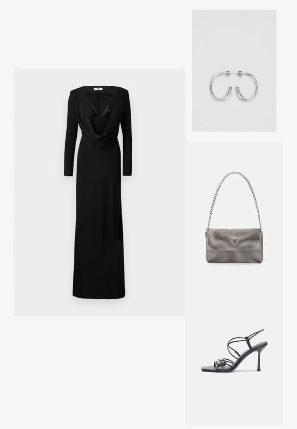 Črna obleka do tal z dolgimi rokavi, cowl izrezom in nabiranjem na prsnici. Narejena iz mehke, raztegljive tkanine z gladko teksturo.; Črne visoke sandale na peto imajo tanke naramnice z vozlom, gladek kvadratni toe in eleganten stiletto peto.; Svetlo siva kovinska torbica z verižnim ročajem, okrašena z majhnimi okroglimi kovinskimi bleščicami in trikotnim logotipom blagovne znamke.; Srebrne obročaste uhane z gladko, sijočo površino. Zaobljena oblika, lahka zasnova, z zapiranjem na zatič.