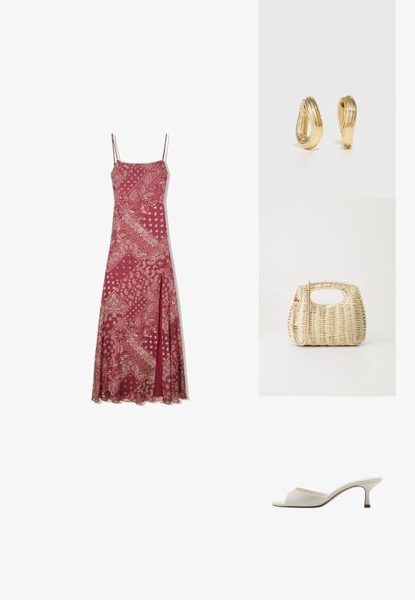 Dlhé bordové šaty s tenkými ramienkami, zdobené paisley vzorom v krémovej farbe, so strihom do priamky a predným rozparkom pre pohodlný pohyb.; Biele sandále na vysokom podpätku otvorené na špičke s hladkým povrchom, minimalistickým dizajnom a štíhlym podpätkom, s jemným hnedým akcentom na podrážke.; Tkaná slamenná taška svetloslabej farby s okrúhlym telom, otvoreným vrchom a odnímateľným popruhom. Výrazná textúra a zložitý vzor tkania.; Náušnice v zlatej farbe vo forme kruhu s točiacim sa dizajnom, s drážkovanou textúrou a hladkým povrchom. Ľahká a prázdna konštrukcia.