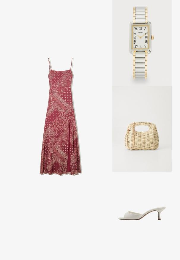 Langes bordeauxrotes Kleid mit Spaghettiträgern, das ein cremefarbenes Paisleymuster aufweist, eine gerade Schnittform hat und einen Schlitz vorne für Bewegungsfreiheit bietet.; Weiße, offene High-Heel-Mules mit glatter Oberfläche, minimalistischer Gestaltung und schlankem Absatz, ausgestattet mit einem subtilen braunen Akzent auf der Sohle.; Geflochtene Strohtasche in hellem Beige mit runder Form, offenem oberen Teil und einem abnehmbaren Trageriemen. Auffällige Textur und komplexes Flechtmuster.; Cluse BELISSENA WATCH - Uhr - silver-coloured/gold-coloured