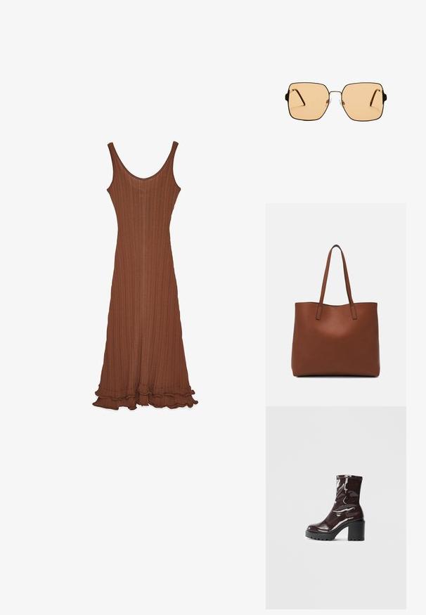 Ruskea ribattua mekko, jossa on kaarroke, tiukka siluetti ja röyhelöhelma. Valmistettu teksturoidusta kankaasta, se on sileäpintainen.; Satea bordeaux berwarna mengkilap dengan tumit hitam tebal, menampilkan tekstur halus dan desain sederhana. Tanpa pengikat atau pola yang terlihat.; Neliömäiset aurinkolasit ruskeilla linsseillä ja ohuella mustalla metallikehyksellä. Varusteena on kulmikkaat tempulit ja säädettävät nenätyynyt mukavuutta varten.; Ruskea nahkainen olkalaukku, jossa on sileä pinta, avoin yläosa ja kaksi olkahihnaa. Omaavat vain minimaalisen ompelun eikä näkyvää metalliosaa.