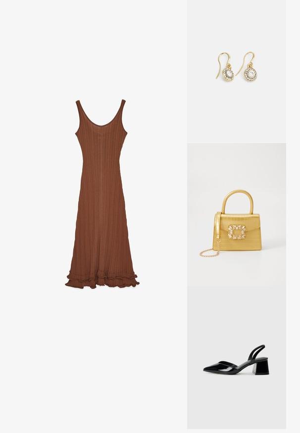 Ruskea ribattua mekko, jossa on kaarroke, tiukka siluetti ja röyhelöhelma. Valmistettu teksturoidusta kankaasta, se on sileäpintainen.; Mustat patentoitu nahkakengät, joissa on säären takaosa ja terävä kärki, sekä geometrinen palikkakorko. Sisältää tyylikkään, minimalistisen muotoilun ja sileän pinnan.; Keltainen keinonahkainen krokotiililaukku, jossa on jämäkkä muotoilu, yläkahva, irrotettava ketjusanka ja koristeellinen kristallikoristelu lukossa.; Kultaiset korvakorut, joissa on soikeat, läpinäkyvät kivet, joita ympäröivät pienemmät läpinäkyvät kivet. Korvakoruissa on koukkuminen, joka takaa turvallisen käytön.