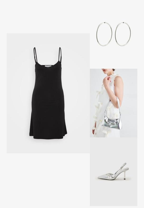 Melnas bezpiedurkņu kleitas ar V-veida kakla izgriezumu un plānām siksnām. Audums ir gluds, ar brīvu piegriezumu un nedaudz izplestu apakšu.; Sudraba slingback augstpapēžu kurpe ar norādītu purngalu, metālisku apdari, diviem dekoratīviem siksniņām un plānu papēdi ar melnu galu.; Sudraba metāla rokassoma ar struktūru formu, aprīkota ar augšējo rokturi un priekšpusē esošu loku. Gluda tekstūra, atstarojoša virsma.; Sudraba riņķa auskari ar gludu, pulētu apdari. Apaļa forma, vienāda platuma, izstrādāti vieglai aizdarei. Vienkārši un eleganti.