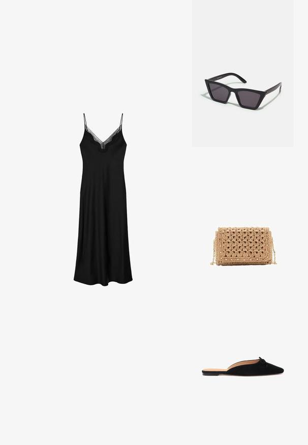 Černé bezramínkové šaty s tenkými pásky, s krajkovým V-výstřihem a volným siluetou, vyrobené z měkké tkaniny.; Černé semišové klumpové boty s špičatou špičkou a malou dekorativní mašlí na nártu, mají plochou podrážku a otevřenou zadní část.; Černé, ostré sluneční brýle s šedými skly; vyrobené z plastu, s mohutnými rameny a hladkým povrchem bez viditelného hardwaru.; Háčkovaná taška ve světle béžové barvě, s texturovaným vzorem. Zlatý řetězový popruh a dekorativní hroty podél okrajů pro přidaný detail.