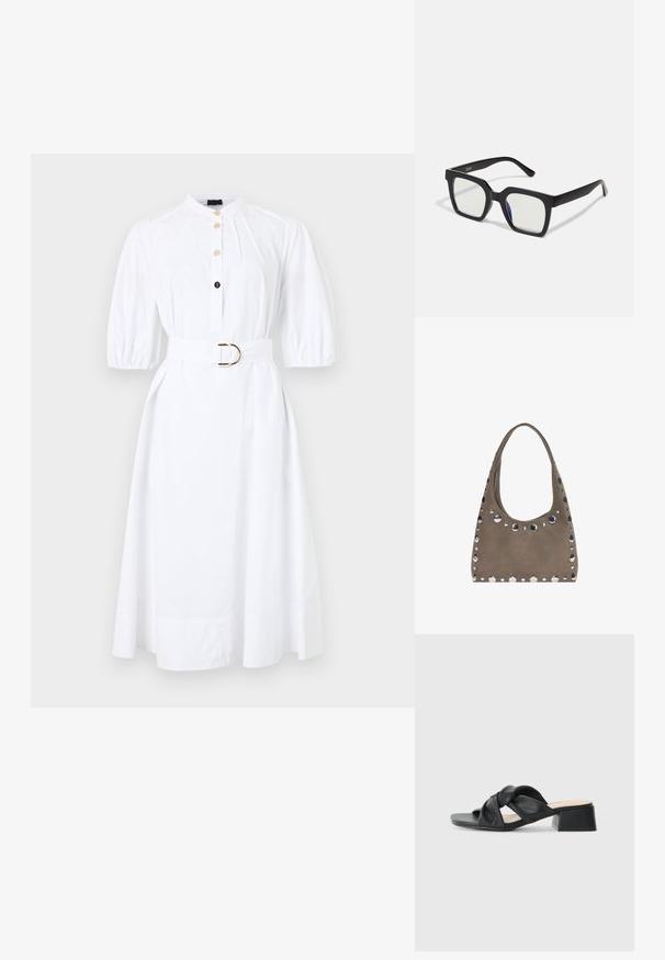 Biała bawełniana sukienka z krótkimi bufkami, zapięciem na guziki oraz przewężonym paskiem w talii z złotą klamrą.; Czarne skórzane sandały z plecionym wierzchem, kwadratowym noskiem i niskim blokowym obcasem, o gładkiej fakturze i minimalistycznym stylu.; Czarne okulary przeciwsłoneczne w matowym wykończeniu, z przezroczystymi soczewkami i lekko niebieskim odcieniem z jednej strony. Solidny, kanciasty design.; PULL&BEAR - Torba na zakupy