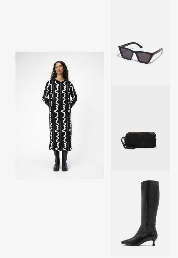 Schwarz langes Kleid mit weißen gewellten Mustern. Hat einen Rundhalsausschnitt und lange Ärmel. Kombiniert mit schwarzen kniehohen Stiefeln.; Zign Stiefel - black; Schwarze, eckige Sonnenbrille mit grauen Gläsern; aus Kunststoff gefertigt, mit dicken Bügeln, die eine glatte Oberfläche und keine sichtbaren Beschläge haben.; Schwarze Wildleder-Clutch mit einem Reißverschluss und abnehmbarem Handgelenkband. Verfügt über goldfarbene Hardware und eine glatte, matte Oberfläche.