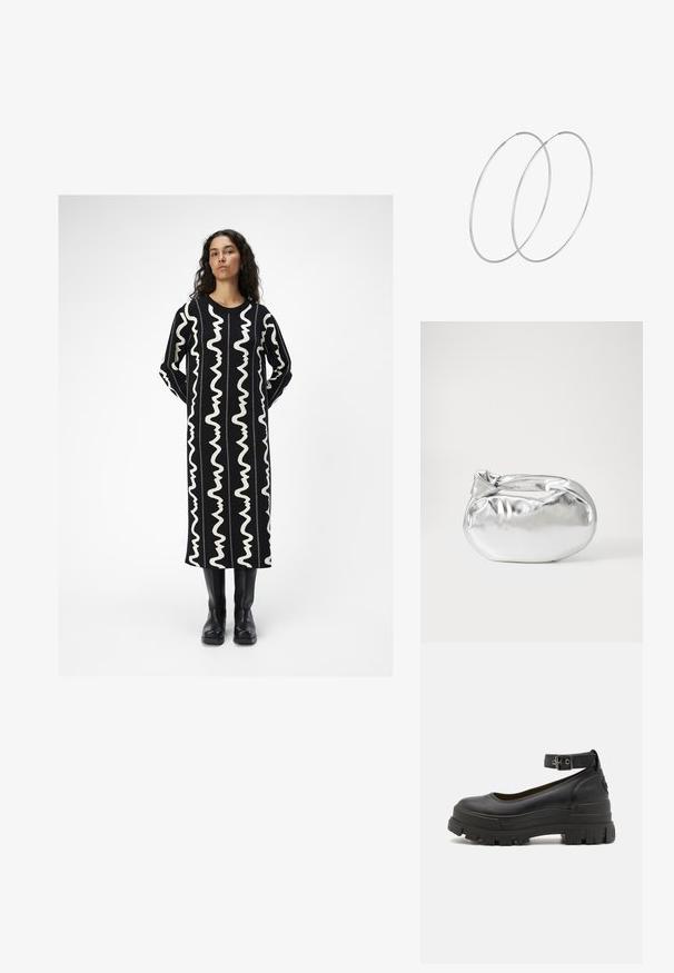 Črna dolga obleka z belimi valovitimi vzorci. Ima okroglo izreza in dolge rokave. Udobno kombinirana s črnimi čevlji do kolen.; Buffalo ASPHA - Čevlji s platformo in peto - black; Srebrna kovinska torbica z mehko, zaobljeno obliko in zavezano zgornjo zaporo. Narejena iz gladkega umetnega usnja.; Srebrne uhane v obliki obroča z minimalističnim dizajnom. Krožna oblika, gladka tekstura in tanek profil. Lahki s poliranim zaključkom.