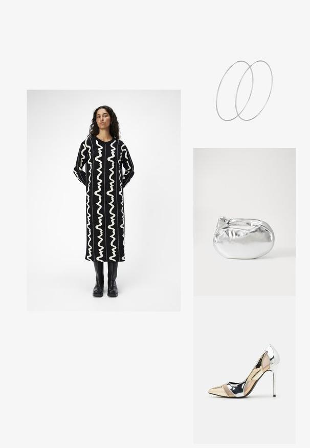 Melnas garas kleitas ar baltām viļņotām rakstiem. Ar apaļu kakla izgriezumu un garām piedurknēm. Saskan ar melniem virsceļgalu zābakiem.; Apspīlēta augstpapēžu kurpe ar zeltītu, sudrabi un neitrālu krāsu kombināciju. Spīguļojoša virsma ar izgriezuma dizainu, aprīkota ar stiletto papēdi.; Sudraba metāliska poga somiņa ar mīkstu, noapaļotu formu un mezgla augšējo aizdari. Izgatavota no gludas mākslīgās ādas materiāla.; Sudraba gredzenveida auskari ar minimālistisku dizainu. Cirkulāra forma, gluda tekstūra un plāns profils. Vieglu svaru ar spīdīgu apdari.