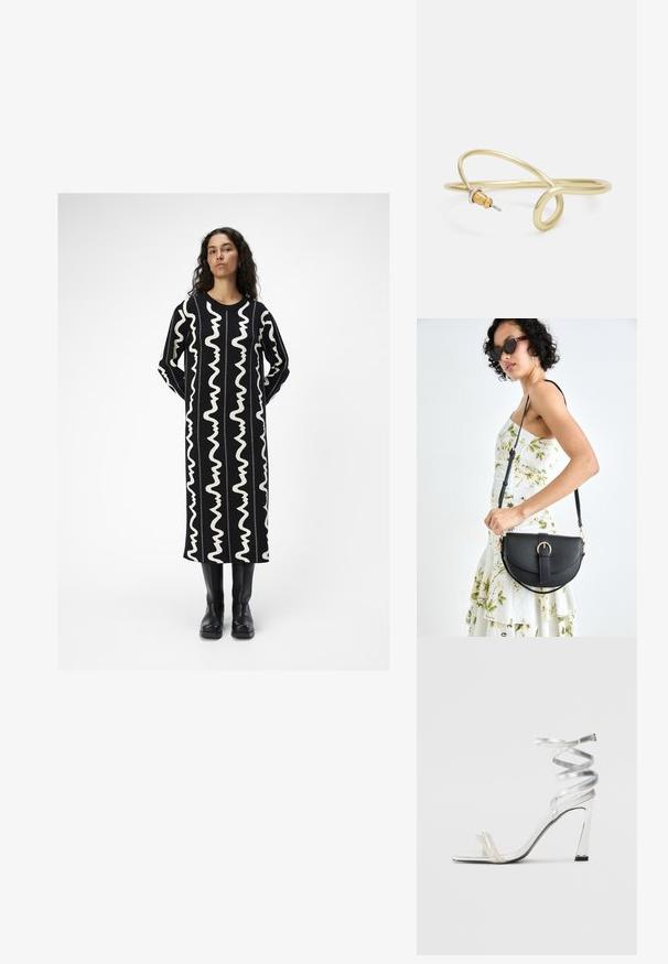 Sort lang kjole med hvide bølgende mønstre. Har en rund halsudskæring og lange ærmer. Kombinationen med sorte knæhøje støvler.; Sølv højhælede sandaler med et skinnende stropdesign, der har en perle-lignende detalje og en snoet ankelstrop for en sikker pasform.; Sort læderhåndtaske med en buet form, aftagelig rem og guldfinish. Tasken har en klap med en spænde detalje.; Guldfarvet metalarmbånd med flydende, kurvet design. Har en lille, fremtrædende sølvfarvet accent i den ene ende.