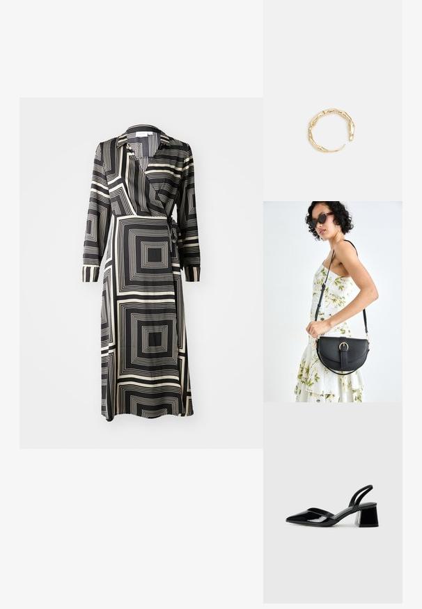 Czarna i kremowa sukienka w stylu wrap z geometrycznym wzorem w kwadraty, długimi rękawami, kołnierzykiem oraz wiązaniem w talii. Gładka faktura materiału.; Czarne lakierowane półbuty na obcasie z wydłużonym noskiem i geometrycznym słupkiem. Charakteryzują się eleganckim, minimalistycznym designem oraz gładką fakturą.; Czarna skórzana torebka o zakrzywionym kształcie, z odpinanym paskiem i złotymi akcentami. Torebka posiada klapę z zapięciem w kształcie klamry.; Pierścionek w odcieniu złota z organicznym, skręconym wzorem, o gładkiej fakturze i zwężających się końcach, tworzący nowoczesny, rzeźbiarski wygląd.