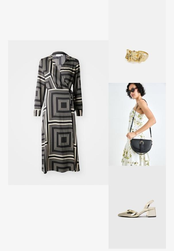 Juodo ir kreminio atspalvio surišama suknelė su geometriniu kvadratų raštu, ilgomis rankovėmis, apykakle ir juosmens užrišimu. Lygi audinio tekstūra.; Auksiniai, metaliniai slingback aukštakulniai bateliai su smailiu pirštu ir masyviu kulnu. Lygus paviršius, minimalizmo dizainas ir siaura juostelė.; Juodas odinis krepšys su išlenkta forma, nuimamu dirželiu ir auksiniais detalėmis. Krepšys turi kilpą su sagtimi.; Aukso žiedas su tekstūruotu, banguotu dizainu, turintis tris iškilias viršūnes. Lygus, blizgus paviršius su atviromis juostelėmis, leidžiančiomis reguliuoti dydį.