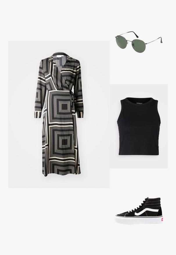 Μαύρο και κρέμ φόρεμα τύπου περιτύλιγμα με γεωμετρικό τετράγωνο σχέδιο, μακριά μανίκια, γιακά και ζώνη στη μέση. Λείο ύφασμα.; Μαύρο ριγέ κοντό τοπ με στρογγυλή λαιμόκοψη και χωρίς μανίκια. Κατασκευασμένο από μαλακό, ελαστικό ύφασμα, με καθαρές, ραμμένες άκρες.; Μαύρα ψηλά αθλητικά παπούτσια με λευκές κορδόνες, λευκό λογότυπο και αντίθετη λευκή ραφή. Διαθέτουν παχιά λευκή σόλα και υφή από σουέντ.; Σαπούνια κατασκευασμένα από μέταλλο με οβάλ πράσινους φακούς. Λεπτό ασημένιο μεταλλικό πλαίσιο και μαύρα ακροφύσια. Μινιμαλιστικός σχεδιασμός, χωρίς ορατά λογότυπα.