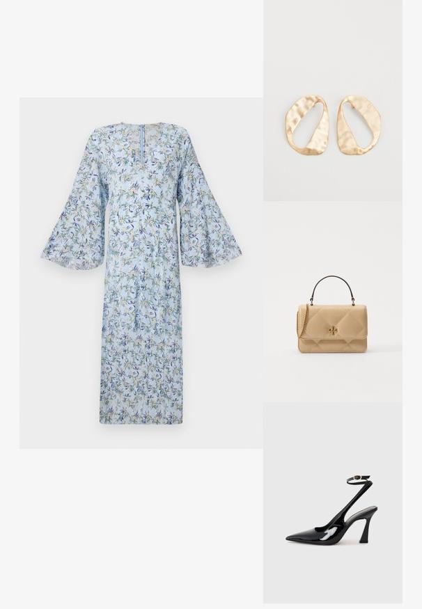 Virágmintás ruha világoskék háttérrel, harangujjakkal, V-nyakkal és zöld és sárga virágokkal díszítve.; Fekete lakk bőrből készült, slingback magas sarkú cipők, hegyes orral, állítható bokapánttal és mérsékelt tömbsarkal. Simább textúra, fényes felület.; Beige, steppelt bőrtáska aranyozott fémalkatrészekkel, láncos vállpánttal és felső fogantyúval. Elöl klappal és jellegzetes logó részlettel rendelkezik.; Egy pár szabálytalan, ovális formájú, aranyszínű fém fülbevaló, enyhén kalapált felülettel, fehér háttéren.
