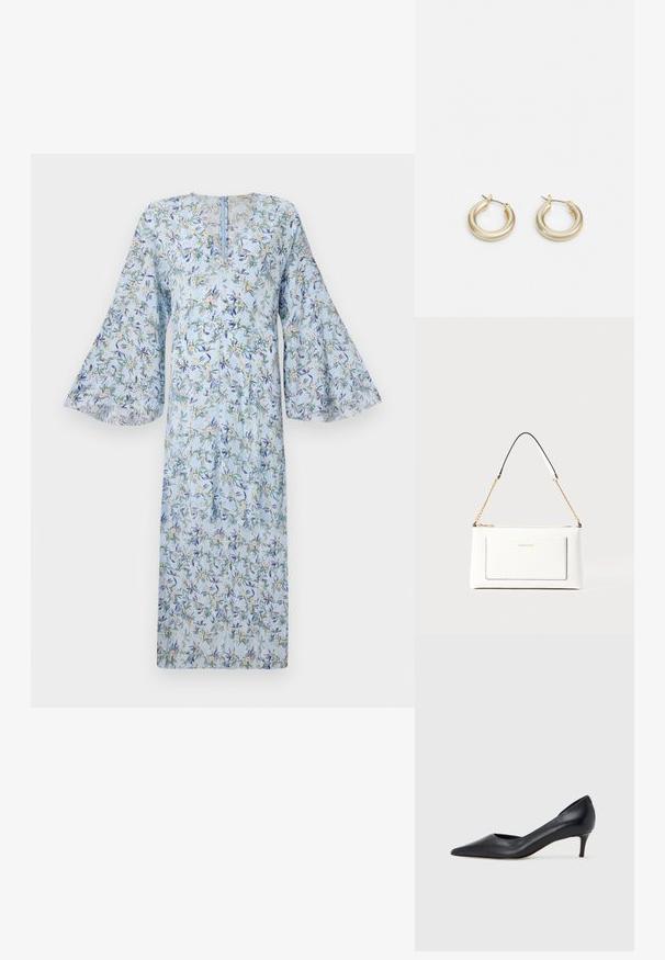 Lille sinine taustaga lilleline kleit, millel on kellukese varrukad, V-kaelus ja kogu kleidi ulatuses roheliste ja kollaste lillede print.; Mustast nahast kontsakinga terava ninaga ja madala kontsaga. Omadused on sile pind ja peen läige. Esiosal on avatud lõige, mis lisab detaili.; Valge nahast kott tekstureeritud viimistlusega, millel on kuldne kettling ja mustad aktsendid. Include eesmine tasku ja tõmblukk.; Lauren Ralph Lauren BASIC SMALL HOOP - Kõrvarõngad - gold-coloured