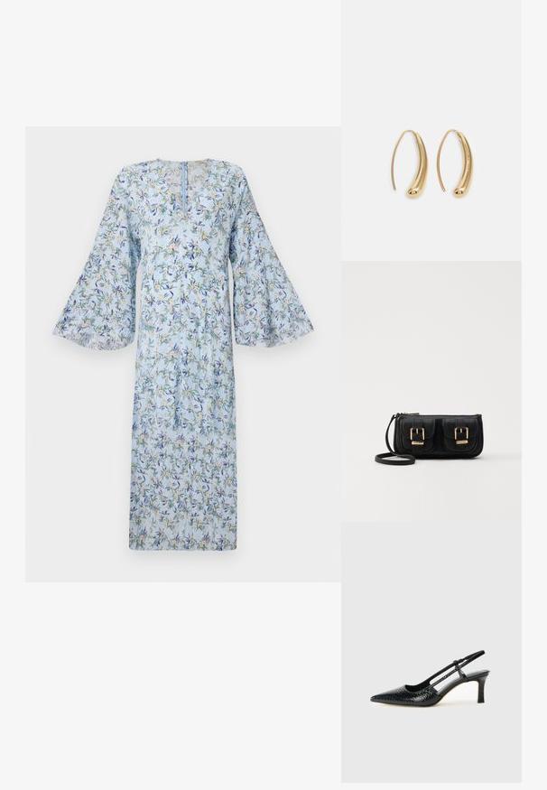 Rochie florală cu un fundal bleu deschis, având mâneci tip clopot, decolteu în V și un imprimeu cu flori verzi și galbene pe întreaga suprafață.; Pantofi cu toc slingback negri din patent, cu vârf ascuțit, cu imprimeu de șarpe texturat, curea ajustabilă și toc scurt texturat.; Geantă neagră din piele, tip crossbody, cu două buzunare frontale, catarame aurii, închidere cu fermoar și o curea subțire. Suprafață texturată și formă rectangulară compactă.; Cercei din metal auriu, cu un design curbat și alungit. Au o suprafață netedă și strălucitoare, cu un vârf rotunjit pentru un detaliu suplimentar.