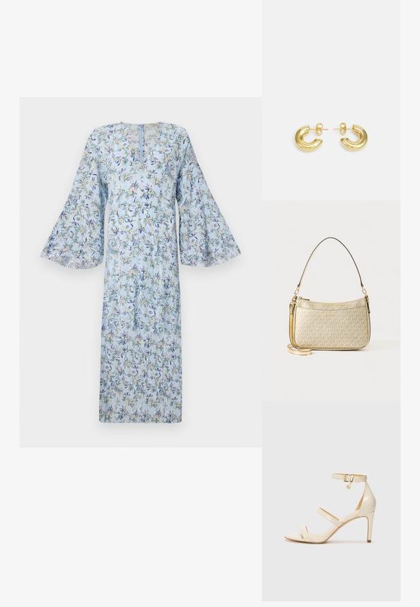 Rochie florală cu un fundal bleu deschis, având mâneci tip clopot, decolteu în V și un imprimeu cu flori verzi și galbene pe întreaga suprafață.; Sandale cu toc înalt bej, cu curea subțire la gleznă și două curele superioare. Finisaj lucios din patent și detalii din metal auriu pe cureaua de la gleznă.; Geantă texturată cu aur, cu o curea din piele netedă, având închidere cu fermoar și un model subtil de logo imprimat pe suprafață.; Maria Black TEMPELHOFER HOOPS - Cercei - gold-coloured
