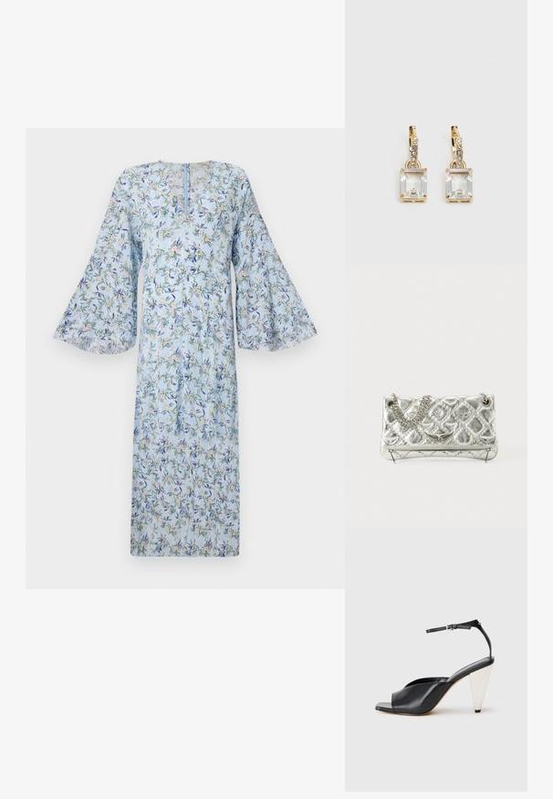 Floral dress with a light blue background, featuring bell sleeves, a V-neck, and an all-over print of green and yellow flowers.; Black leather high heel sandal with open toe, asymmetrical design, ankle strap, and a metallic cone-shaped heel. Smooth texture throughout.; Silver metallic handbag with chain handle, quilted texture, decorative stitching, and a zip closure. Features embossed accents on the front.; Gold-tone earrings featuring a rectangular, clear crystal dangling below a row of small, round clear accents. Sleek, modern design.