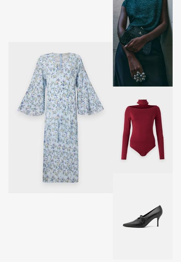 Robe fleurie avec un fond bleu clair, présentant des manches évasées, un col en V, et un imprimé de fleurs vertes et jaunes sur l'ensemble.; Body avec manches longues, col haut et design décolleté dans une couleur bordeaux unie. Fabriqué à partir d'un tissu doux et extensible.; GIABORGHINI ARTEMIS - Escarpins - black; Sac à main en cuir noir à motif crocodile avec des finitions en métal argenté, posé sur un fond texturé gris. Présente une surface brillante.