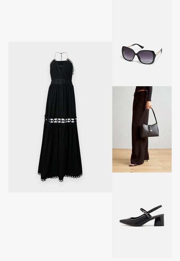 Schwarzes Maxikleid mit tiefem V-Ausschnitt und Halterträgern. Verfügt über gestickte runde Akzente sowie ein Cut-out-Design an der Taille und dem Saum.; Schwarze Lackleder-Slingback-Absätze mit spitzer Zehenform, einem runden Ausschnitt-Design und einem Blockabsatz. Mit einem goldfarbenen Schnallenakzent.; Schwarze übergroße Sonnenbrille mit getönten Gläsern, dicken Rahmen und goldfarbener Kettendetaillierung an den Bügeln.; Schwarze Handtasche mit strukturierter Form, glatter Textur und einem metallischen Verschluss. Kombiniert mit weiten schwarzen Hosen und offenen Sandalen auf einem Holzboden.