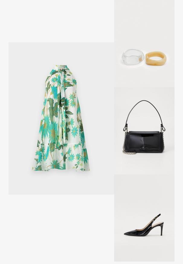 Virágmintás ruha, magas nyakkivágással, fehér háttérrel és élénk kék és zöld virágmintákkal, puha anyagból készült, rakott kialakítással.; Fekete lakk bőr kötött magassarkú cipő, hegyes orral és karcsú sarokkal, finom kivágásos dizájnnal. Az övön arany csatt található.; Fekete lakkbőr kézitáska téglalap alakú, láncos vállpánttal és középen egy jellegzetes fém díszítéssel. Simaszerkezet.; Tiszta és borostyán színű gyanta gyűrűk, az egyik sima és átlátszó, a másik texturált, borostyán bevonattal rendelkezik. Mindkettő kerek, tömör formatervezésű.