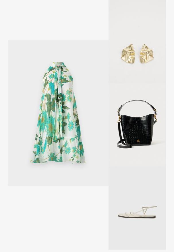 Ziedu kleita ar haltera kakla izgriezumu, ar baltu fonu un spilgti ziliem un zaļiem ziedu rakstiem, mīksta auduma un kārtainu dizainu.; Bežīgas plakanas čības ar vairākiem plāniem siksniņām un regulējamu sprādzi. Zole ir plakana ar nelielu tumšu kontrastu malā.; Melnas krokodila raksts ādas soma ar izliekta formu, zelta aparatūru, regulējamu siksnu un logotipa detaļu priekšpusē.; Zelta metāla auskari ar viļņveida dizainu; gluda, atstarojoša virsma; asimetrisks formas; nav redzamu rakstu vai piederumu.