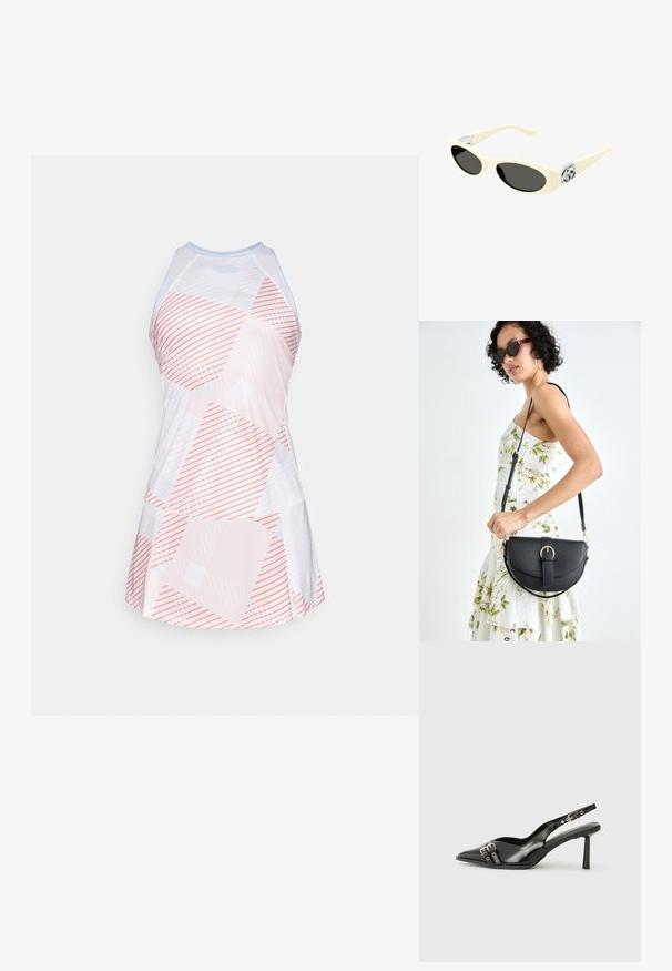 Kleita ar augstu kakla izgriezumu baltā krāsā, kurā ir ģeometrisks raksts ar gaiši rozā un oranžām diagonālām svītrām, ar platu svārku un sacīkšu aizmuguri.; Melnā patentēta ādas sandale ar norādītu purngalu, potītes siksniņām ar sudraba sprādzēm un aparatūru, kā arī smalku papēdi.; Kremkrāsas sauļošanās brilles ar ovālām lēcām, melnu tonējumu un metāla logotipa akcentiem pie tempļiem. Gluda tekstūra, kaķa acs dizains.; Melnas ādas rokassoma ar izliekta formu, noņemamu siksnu un zelta aksesuāriem. Somai ir vāciņš ar sprādzes detaļu.