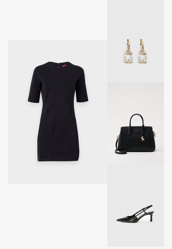 Schwarzes kurzärmliges Kleid mit rundem Ausschnitt und Reißverschluss auf der Rückseite. Hergestellt aus einem glatten Stoff mit taillierter Silhouette und ohne sichtbare Muster.; Schwarze Lack-Slingback-Pumps mit spitzem Zehenbereich, versehen mit strukturiertem Schlangenprint, verstellbarem Riemen und einem kurzen, strukturierten Blockabsatz.; Schwarze Ledertasche mit strukturiertem Design, doppelten oberen Griffen, abnehmbarem Schulterriemen, goldfarbenen Beschlägen und einem Logo-Anhänger.; Ohrringe in Goldfarbe mit einem rechteckigen, durchsichtigen Kristall, der unter einer Reihe kleiner, runder klarer Akzente hängt. Elegantes, modernes Design.