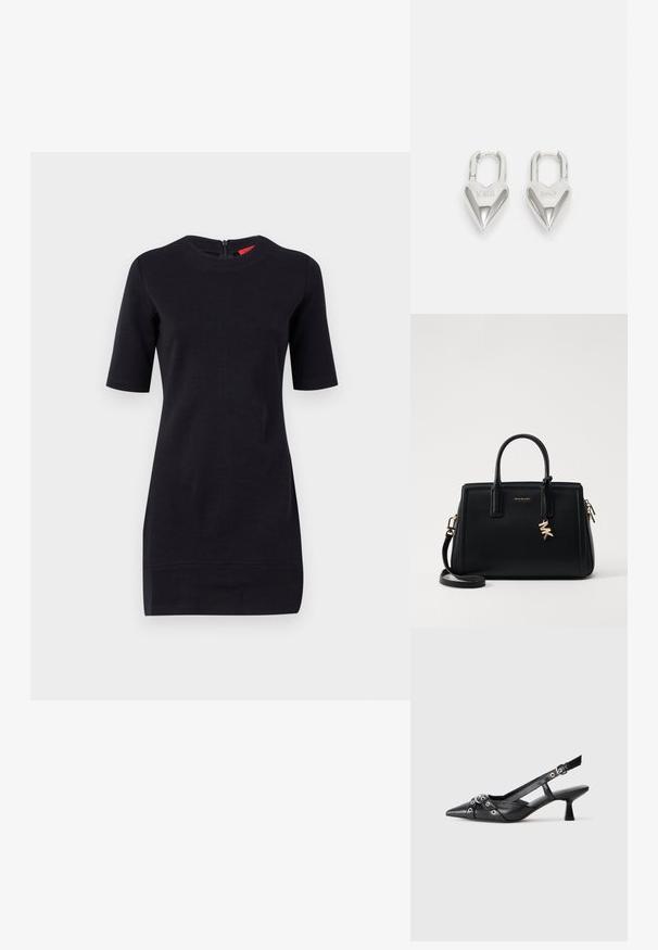 Abito nero a maniche corte con scollatura rotonda e chiusura a zip sul retro. Realizzato in un tessuto liscio con una silhouette aderente e senza motivi visibili.; Scarpa slingback nera in pelle con punta affusolata, cinturini decorativi con occhielli metallici e tacco basso a blocco. Superficie testurizzata.; Borsa a tracolla in pelle nera con design strutturato, manici superiori doppi, tracolla rimovibile, accessori in oro e charm con logo.; Lucchetti a forma di cuore in argento con incisioni "SÌ" e "NO", finitura lucida, design simmetrico e un robusto gancio in metallo.