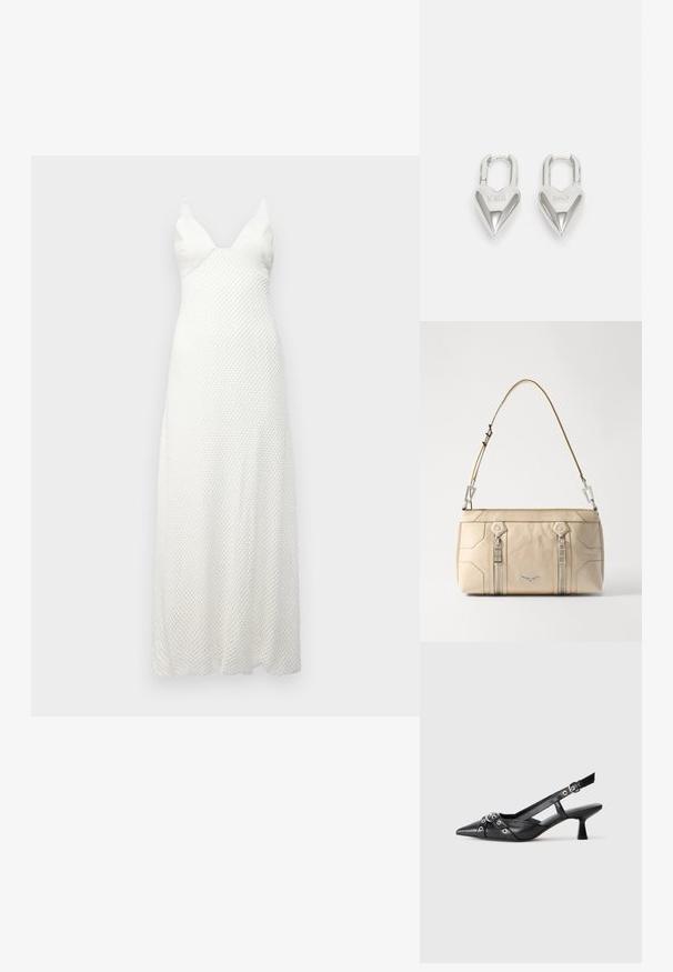 Robe maxi blanche avec un motif texturé, présentant un décolleté en V profond et des bretelles fines, fabriquée en tissu léger. Silhouette fluide.; Chaussure slingback en cuir noir avec un bout pointu, des sangles décoratives avec œillets en métal et un petit talon carré. Surface texturée.; Sac à main en cuir beige avec quincaillerie argentée, deux fermetures éclair latérales, design structuré et une bandoulière amovible pour plus de polyvalence.; Cadenas en forme de cœur en argent avec les inscriptions gravées "OUI" et "NON", finition polie, design symétrique et un robuste fermoir en métal.