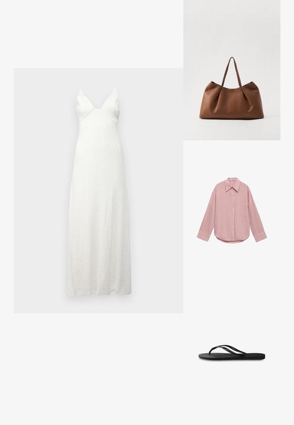 Biała sukienka maxi z teksturowanym wzorem, z głębokim dekoltem w kształcie litery V i cienkimi ramiączkami, wykonana z lekkiego materiału. Luźny krój.; Koszula z długim rękawem w jasnoróżowym kolorze z pionowymi białymi paskami. Posiada kołnierzyk z wyłogami, guziki z przodu i zaokrąglony dół. Miękka tekstura tkaniny.; Czarne klapki z teksturowaną gumową podeszwą, dwiema smukłymi paskami oraz subtelnym, wytłoczonym logo na pasku.; Brązowa skórzana torba tote o miękkim, zaokrąglonym kształcie, z plisowaną strukturą i dwoma solidnymi uchwytami. Minimalistyczne akcenty w postaci szwów.