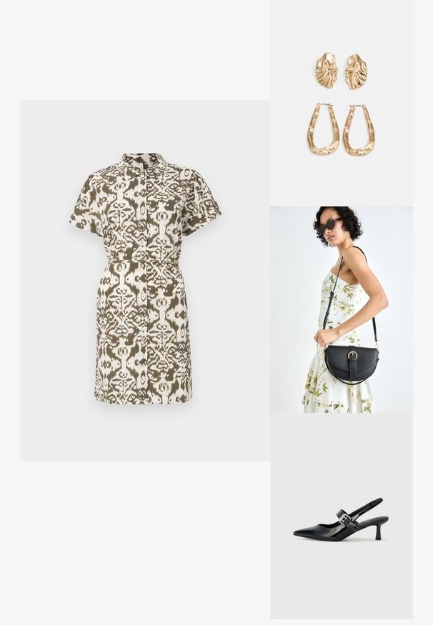 Vestido camiseiro com colarinho, featuring um fecho de botão na frente, mangas curtas, e um padrão ikat em verde e branco, com a cintura ajustada.; Saltos slingback em verniz preto com bico pontiagudo e um pequeno salto bloco, apresentando um detalhe de fivela prateada na tira.; Bolsa de couro preta com forma curva, alça destacável e detalhes em dourado. A bolsa possui uma aba com detalhe de fivela.; Brincos em tom de ouro com formas onduladas e texturizadas. Inclui studs escultóricos com presilha e um design de argola aberta com um acabamento martelado.