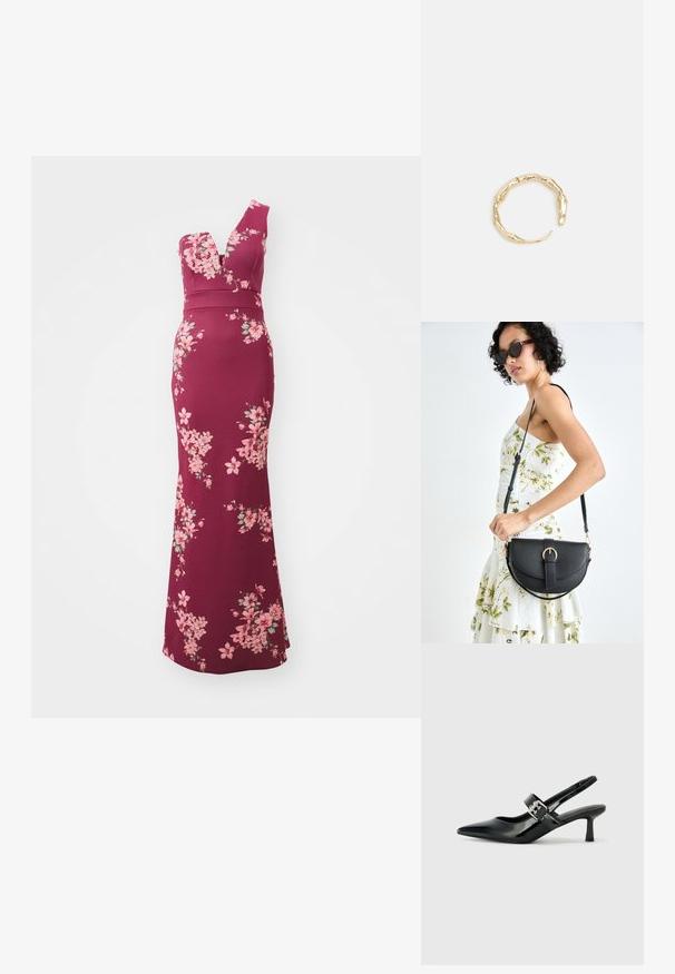 Burgundska cvetna obleka z globokim V-izrezom, oprijetim telesom in razširjenim robom. Značilni so rožnati in zeleni cvetlični vzorci po celotni obleki.; Črne patent usnjene slingback pete s koničastim nosom in majhnim blok peto, ki vključujejo srebrno zaponko na traku.; Črna usnjena torbica s ukrivljeno obliko, z odstranljivo naramnico in zlatimi dodatki. Torbica ima pokrov s podrobnostmi v obliki zaponke.; Zlati prstan s organskim, zvitim dizajnom, gladko površino in taperiranimi konci, ki ustvarja modernega, skulpturalnega videza.