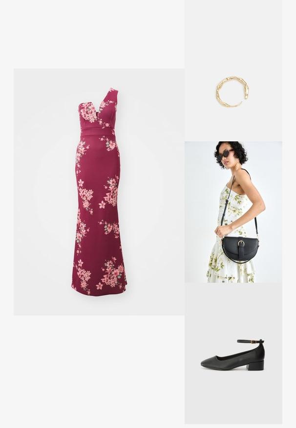 Vyno raudonos gėlėtos suknelės su giliu V formos iškirpimu, prigludusia liemene ir platėjančiu apatine dalimi. Dydžio dailinėjimo gėlėmis rausvos ir žalios spalvos raštai.; Juodas odinis aukštakulnis batelis su smailiu pirštu ir žemu bloku. Su kulkšnies dirželiu su auksinės spalvos sagtimi. Lygus paviršius.; Juodas odinis krepšys su išlenkta forma, nuimamu dirželiu ir auksiniais detalėmis. Krepšys turi kilpą su sagtimi.; Auksinės spalvos žiedas, turintis organišką, sukimosi dizainą su lygiu paviršiumi ir siaurėjančiais galais, sukuriantis modernią skulptūrinę išvaizdą.