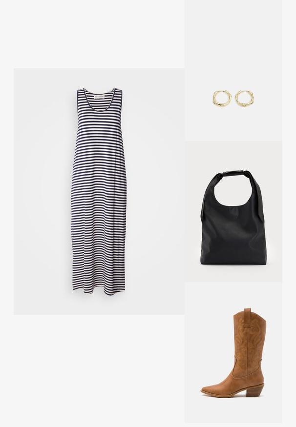 Ribagaideta, ilma varrukat maksikleit tumesinis ja valges. Omab ümmargust kaelust ja lõdvestunud istuvust. Valmistatud pehmest ja kergest kangast.; Kohvitooni nahast cowboy-kork, millel on terav varvas, tikitud keerised varrel ja virnastatud ploki konts. Omab tõmbeava, et seda oleks lihtne jalga panna.; Mustast nahast käekott, millel on suur avatud ülaosa ja üks õlavarras. Pehme tekstuur, minimalistlik disain, peened metalldetailid.; Kuldsete rõngaskõrvarõngaste tekstuuriga, ebakorrapärane kuju. Omab sujuvat lukustust ja poleeritud pinnatöötlust, rõhutades kaasaegset disaini.