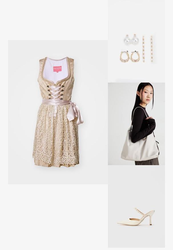 Abito con pizzo dorato chiaro, dotato di un corsetto aderente, fiocco di raso in vita e dettagli floreali lungo la gonna.; Steve Madden BRECKI - Ciabattine con tacco - ivory; Borsa a mano beige realizzata in materiale morbido, caratterizzata da un design morbido, dettagli cuciti e due manici. Adatta per l'uso quotidiano.; Tre paia di orecchini: grandi orecchini a perla bianca a bottone, orecchini a cerchio in oro con gemme trasparenti, e due orecchini d'accento d'oro lunghi e dritti con dettagli scintillanti.