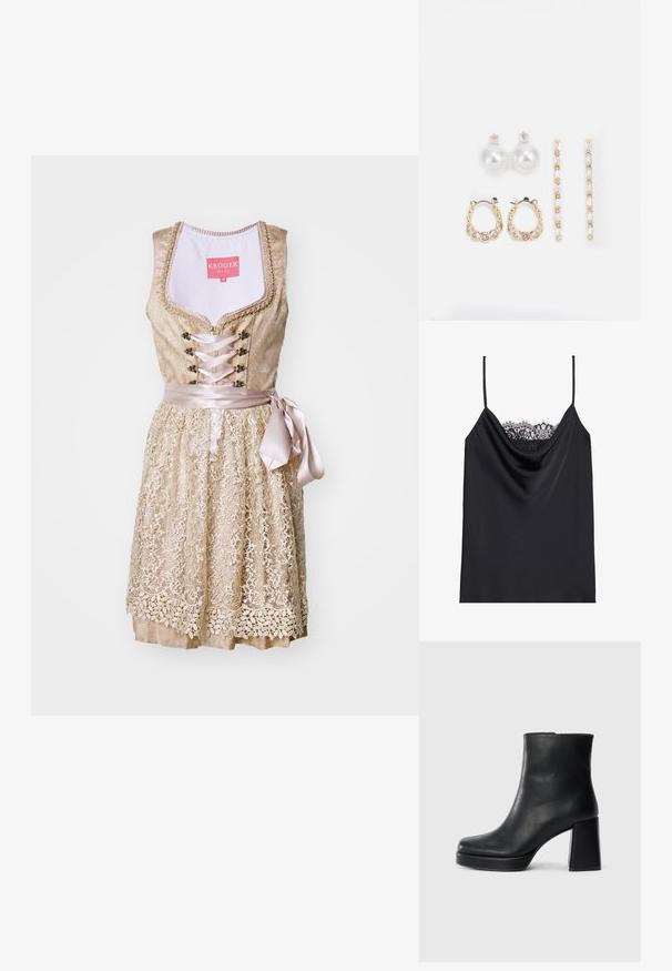 Lace-trimmed jurk in lichtgoud met een aansluitende lijfje, satijnen strikband in de taille en bloemendetails langs de rok.; Zwarte camisole met verstelbare schouderbandjes, een gewatteerde halslijn en ingewikkelde zwarte kantafwerking langs de bovenkant. Glad satijnachtig materiaal.; Zwarte leren enkelboot met een blokhak en platformzool, zijaanzicht op een effen witte achtergrond.; Drie paar oorbellen: grote witte parelstuds, gouden hoepels met heldere edelstenen, en twee lange, rechte gouden accentoorbellen met sprankelende details.
