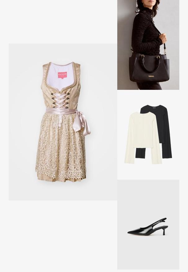 Abito con pizzo dorato chiaro, dotato di un corsetto aderente, fiocco di raso in vita e dettagli floreali lungo la gonna.; Set di due maglie a maniche lunghe, bianche e nere. Texture a coste, scollo tondo, design aderente con maniche leggermente svasate.; Decolleté in vernice nera con punta affusolata, tacco sottile e cinturino regolabile. Texture liscia con dettagli minimi.; Borsa nera con superficie texturizzata, manici superiori doppi e tracolla regolabile. Dotata di hardware color oro e tasche laterali.