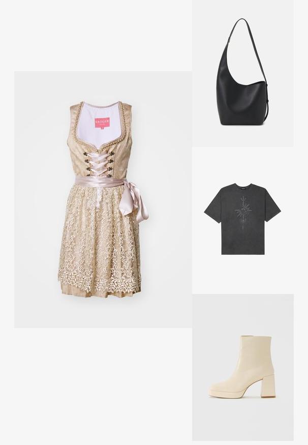 Lace-trimmed dress in light gold with a fitted bodice, satin ribbon tie at the waist, and floral details along the skirt.; Dark gray oversized t-shirt made of cotton, featuring a central sun graphic with intricate line details printed on the front.; Beige leather ankle boot with block heel and platform sole, smooth finish, and slightly squared toe facing left on white background.; Black leather hobo bag with a smooth texture, curved shape, and single adjustable strap; features a wide opening at the top.