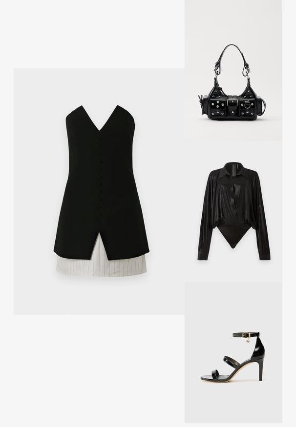 Melnā bezpiedurkņu kleita ar V veida dekoltē, ar pogām priekšpusē, izgriezuma detaļām un vieglu svītrainu audumu apakšējā daļā.; Melnā bodijakā ar garām piedurknēm, V-veida kaklu un pieguļošu siluetu. Izgatavots no spīdīga, gluda auduma ar strukturētu apkakli un aprocēm.; Melnas lakota ādas sandalēs ar trim siksnām, potītes sprādzi un 4 collu stiletto papēdi. Iespējas ar zelta detaļām un logotipa piekariņu.; Melnas ādas rokturmais ar izliekumu, ar sudraba iedurtiem, sprādzi un divām sānu kabatām. Regulējams siksniņas garums dažādām nēsāšanas iespējām.