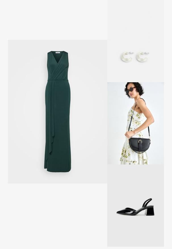 Dolga zelena obleka iz mehkega blaga, z obliko V-izreza, brez rokavov ter z drapirano dekoracijo ob strani za dodano teksturo in pretok.; Črne lakirane slingback pete s koničastim nosom in geometrijsko blokasto peto. Imajo eleganten, minimalističen dizajn in gladko teksturo.; Črna usnjena torbica s ukrivljeno obliko, z odstranljivo naramnico in zlatimi dodatki. Torbica ima pokrov s podrobnostmi v obliki zaponke.; Uhani v srebrni barvi v zasukani obročasti obliki, z natančno teksturirano površino in rebrastimi detajli, ki so zavarovani z zatičem.