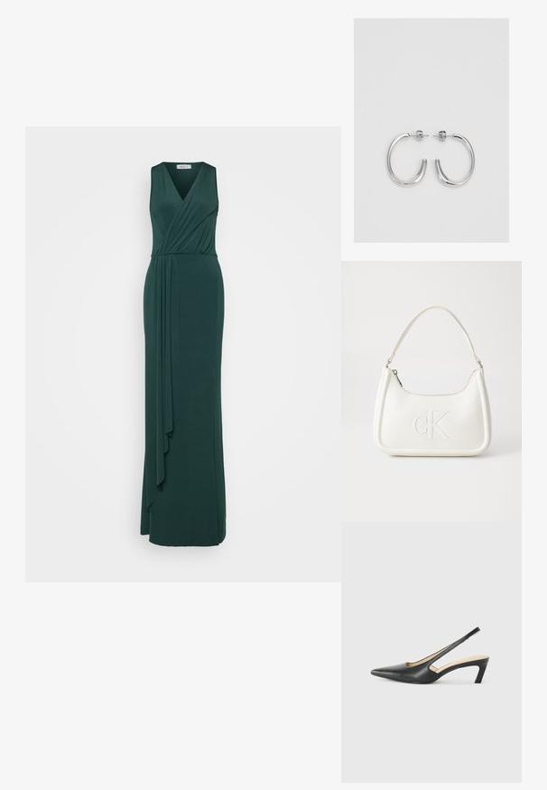 Duga zelena haljina od mekog materijala, s V-izrezom, bez rukava, i drapiranim detaljem sa strane koji dodaje teksturu i fluidnost.; Crne cipele s izduženim vrhom i remenom oko pete, s niskom petom, izrađene od glatke kože i s izrezbarenom stranom radi prozračnosti.; Bijela kožna torba s zakrivljenim oblikom, koja na prednjoj strani ima utisnut logotip "CK" i jedan remen za nošenje preko ramena. Zatvaranje na munju na vrhu.; Srebrne naušnice u obliku obruča sa glatkom, sjajnom površinom, zakrivljenog oblika i zatvaranjem na čep. Minimalistički dizajn s modernim završetkom.