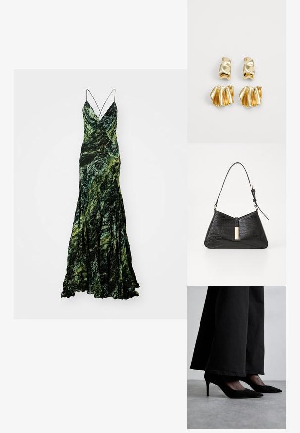 Vestido sin mangas de patrón de mármol verde y negro con escote en V y tirantes finos, que presenta un diseño fluido con dobladillo con volantes.; Zapatos de tacón alto de ante negro con puntera puntiaguda, combinados con pantalones anchos negros, presentan un diseño elegante y un brillo sutil.; Bolso negro en material imitación cocodrilo, con forma triangular, correa de hombro delgada y un acento de hardware en tono dorado en el centro.; Pendientes en tono dorado con un diseño ondulado y texturizado que combina elementos lisos y acanalados. Estilo de pinza con un acabado pulido.