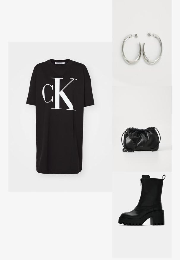 Calvin Klein Jeans BOLD BOYFRIEND DRESS - Jerseykjole - black/white; Sorte lær ankelsko med kraftig såle, blokkhæl, sidelukking med glidelås og trekketap bak på ensfarget hvit bakgrunn.; Svart lærveske med samlet design, dobbel snoråpning og avtagbar skulderrem. Har metallisk logodetalj.; Sølvøreringer med en jevn, buet design. Har en blank metallisk finish og en studlås. Ingen synlige mønstre eller aksenter.